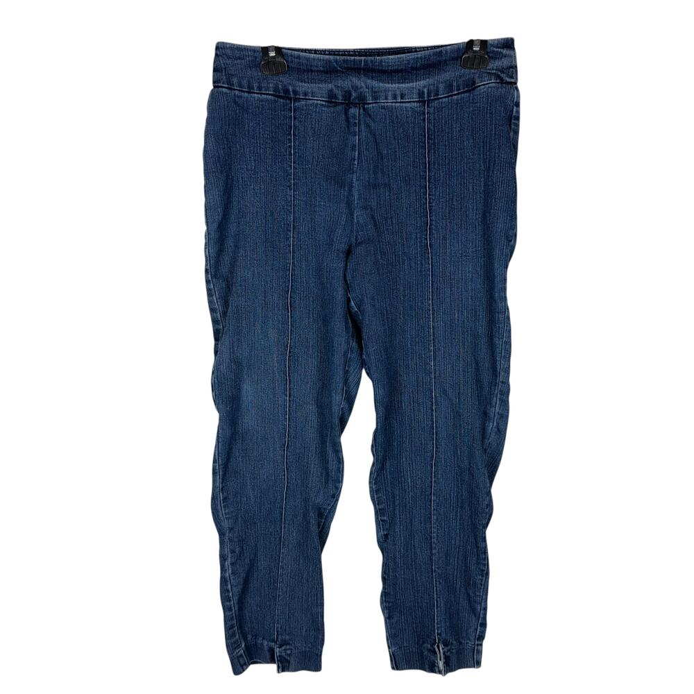 Thin‎ Her Pants Women's 10 Blue Denim Stretch Pull On Elastic Waist Ankle Slit